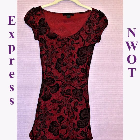 Express Tops - NEW WITHOUT TAGS SHEER LINED RED BLACK FLOWERS EXPRESS SHORT SLEEVED BLO…